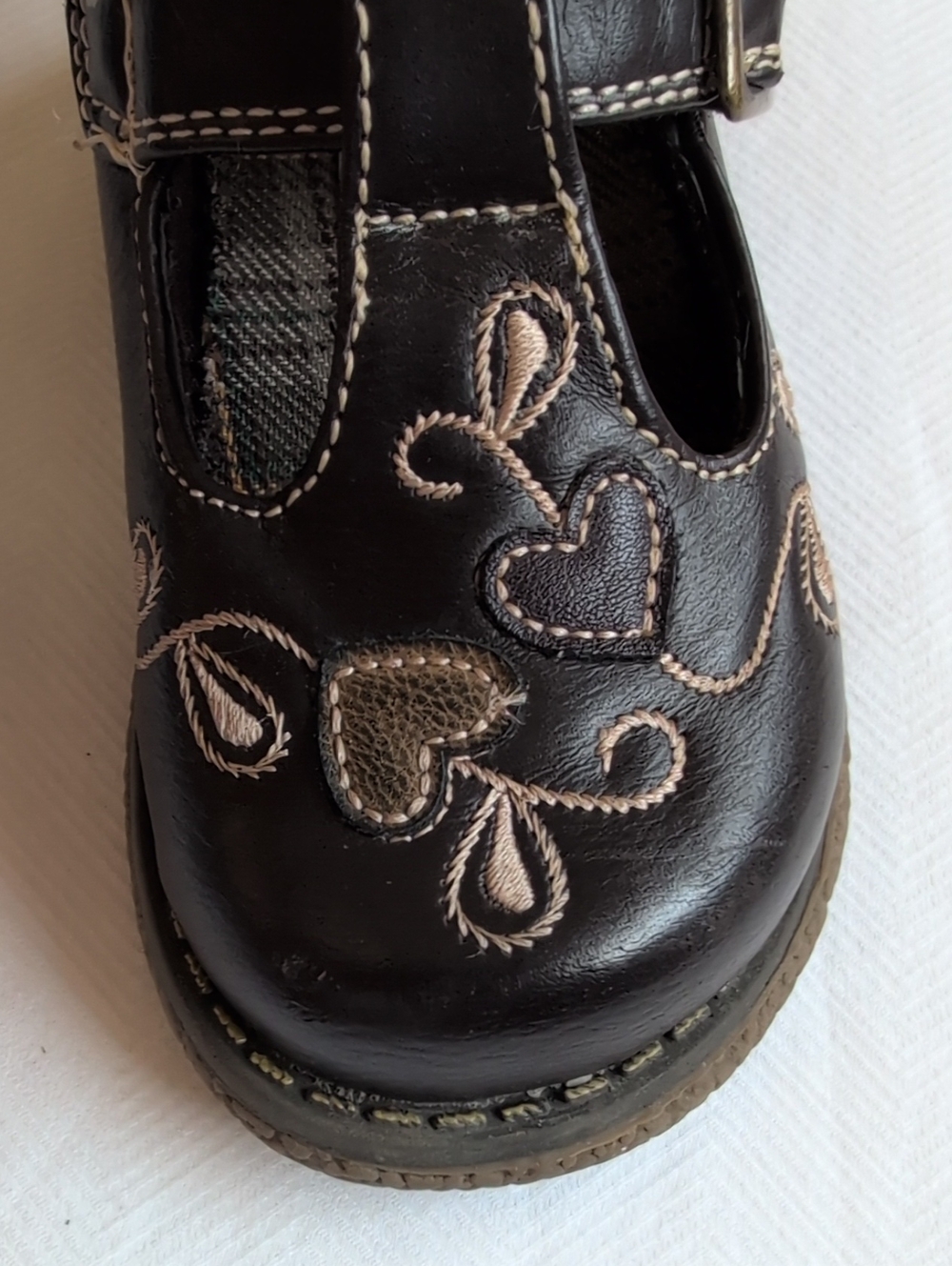 Vintage Rachel Shoes Girls Brown Faux Leather Heart Embroidered Mary Janes 6 - Picture 7 of 9